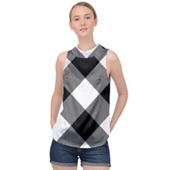 Black And White Diagonal Plaids High Neck Satin Top by ConteMonfrey