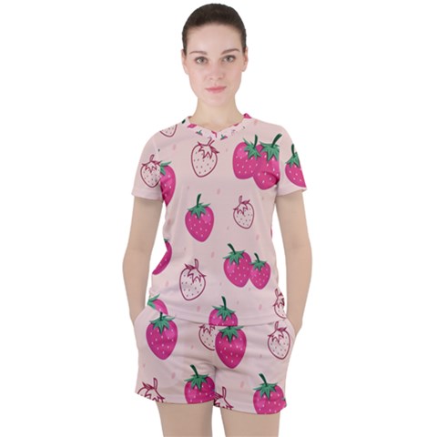 Seamless-strawberry-fruit-pattern-background Women s Tee And Shorts Set by Wegoenart