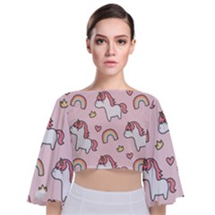 Cute-unicorn-rainbow-seamless-pattern-background Tie Back Butterfly Sleeve Chiffon Top