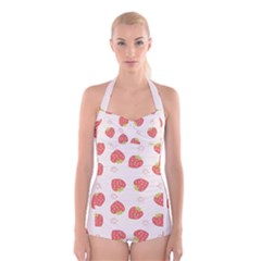 Strawberries Pattern Design Boyleg Halter Swimsuit  by Wegoenart