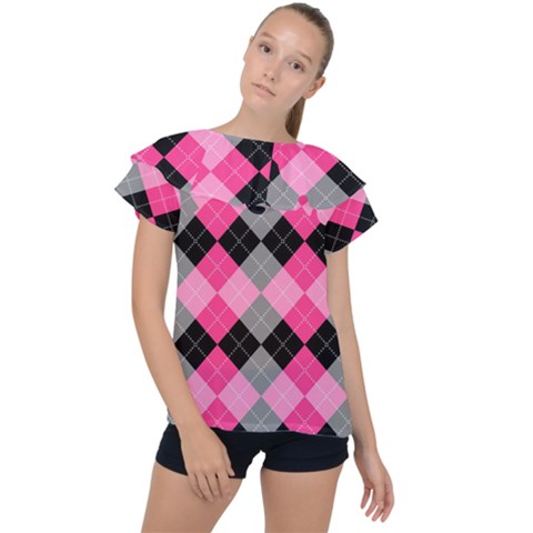 Seamless Argyle Pattern Ruffle Collar Chiffon Blouse by Wegoenart