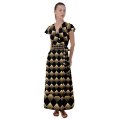 Golden Chess Board Background Flutter Sleeve Maxi Dress