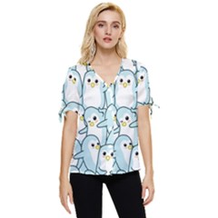 Penguin Pattern Bow Sleeve Button Up Top