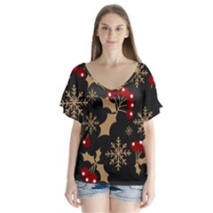 Christmas Pattern With Snowflakes-berries V-neck Flutter Sleeve Top