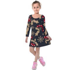 Christmas Pattern With Snowflakes-berries Kids  Long Sleeve Velvet Dress by Wegoenart