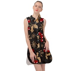 Christmas Pattern With Snowflakes-berries Sleeveless Shirt Dress