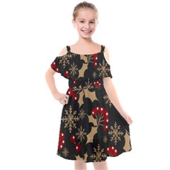 Christmas Pattern With Snowflakes-berries Kids  Cut Out Shoulders Chiffon Dress by Wegoenart