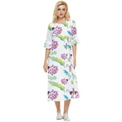 Watercolor-pattern-with-lady-bug Double Cuff Midi Dress