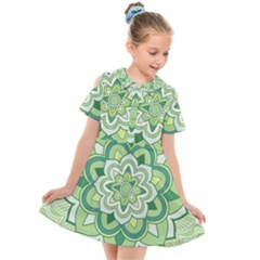 Floral-green-mandala-white Kids  Short Sleeve Shirt Dress by Wegoenart