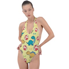 Seamless Pattern With Cute Dinosaurs Character Backless Halter One Piece Swimsuit by Wegoenart