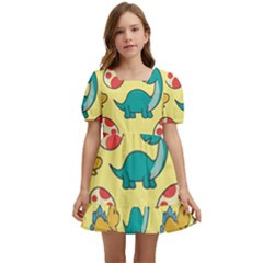Seamless Pattern With Cute Dinosaurs Character Kids  Short Sleeve Dolly Dress by Wegoenart