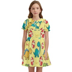 Seamless Pattern With Cute Dinosaurs Character Kids  Bow Tie Puff Sleeve Dress by Wegoenart