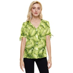 Seamless-pattern-with-green-leaves Bow Sleeve Button Up Top