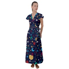 Colorful-background-moons-stars Flutter Sleeve Maxi Dress