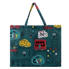 Seamless-pattern-hand-drawn-with-vehicles-buildings-road Zipper Large Tote Bag by Wegoenart