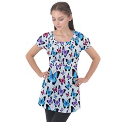 Decorative-festive-trendy-colorful-butterflies-seamless-pattern-vector-illustration Puff Sleeve Tunic Top