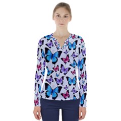 Decorative-festive-trendy-colorful-butterflies-seamless-pattern-vector-illustration V-neck Long Sleeve Top by Wegoenart