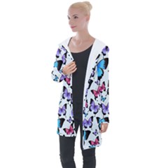 Decorative-festive-trendy-colorful-butterflies-seamless-pattern-vector-illustration Longline Hooded Cardigan by Wegoenart