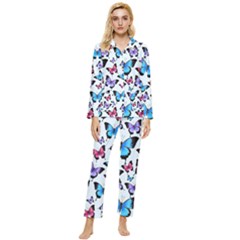 Decorative-festive-trendy-colorful-butterflies-seamless-pattern-vector-illustration Womens  Long Sleeve Velvet Pocket Pajamas Set