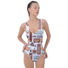 Seamless-pattern-with-london-elements-landmarks Side Cut Out Swimsuit