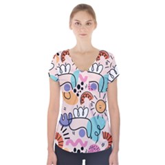 Abstract Doodle Pattern Short Sleeve Front Detail Top by designsbymallika