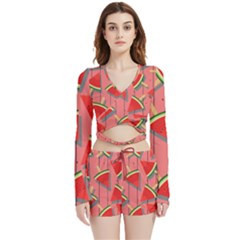 Red Watermelon Popsicle Velvet Wrap Crop Top And Shorts Set by ConteMonfrey