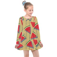 Pastel Watermelon Popsicle Kids  Long Sleeve Dress