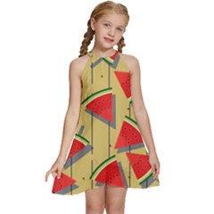 Pastel Watermelon Popsicle Kids  Halter Collar Waist Tie Chiffon Dress