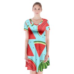 Blue Watermelon Short Sleeve V-neck Flare Dress by ConteMonfrey