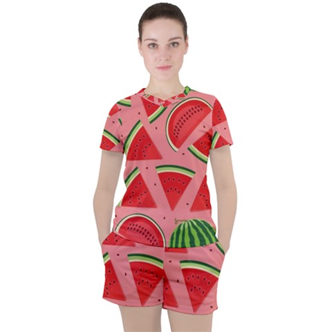 Red Watermelon  Women s Tee And Shorts Set by ConteMonfrey