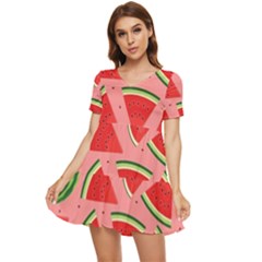 Red Watermelon  Tiered Short Sleeve Babydoll Dress by ConteMonfrey