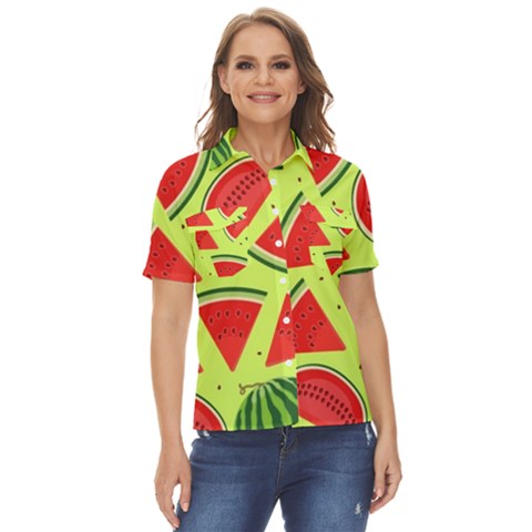 Pastel Watermelon   Women s Short Sleeve Double Pocket Shirt by ConteMonfrey