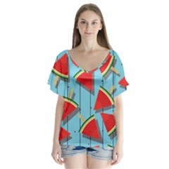 Blue Watermelon Popsicle  V-neck Flutter Sleeve Top by ConteMonfrey