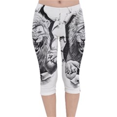 Drawing Angry Male Lion Roar Animal Velvet Capri Leggings  by danenraven