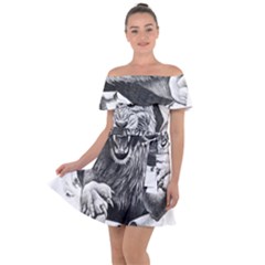 Drawing Angry Male Lion Roar Animal Off Shoulder Velour Dress by danenraven