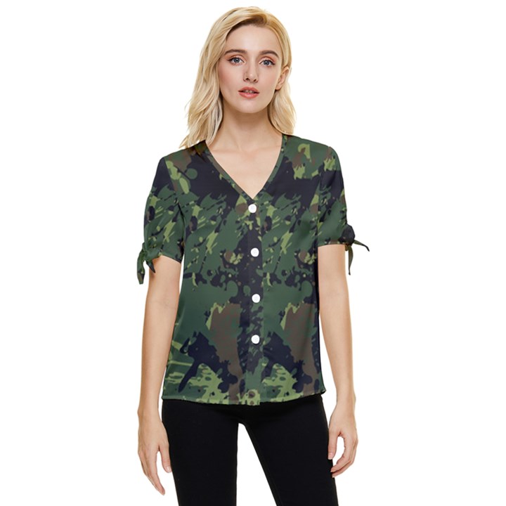 Military background grunge Bow Sleeve Button Up Top