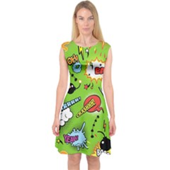 Modern-comics-background-pattern-with-bombs-lightening-jagged-clouds-speech-bubbles Capsleeve Midi Dress