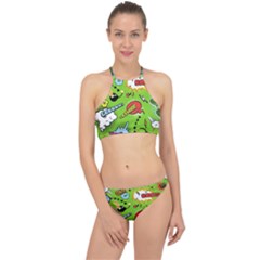 Modern-comics-background-pattern-with-bombs-lightening-jagged-clouds-speech-bubbles Racer Front Bikini Set by Wegoenart