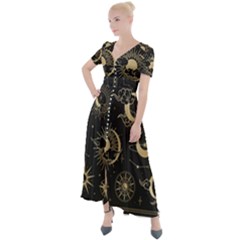 Asian-set-with-clouds-moon-sun-stars-vector-collection-oriental-chinese-japanese-korean-style Button Up Short Sleeve Maxi Dress