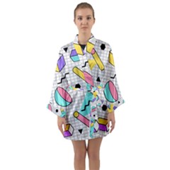 Tridimensional-pastel-shapes-background-memphis-style Long Sleeve Satin Kimono by Wegoenart