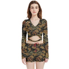 Oriental-traditional-seamless-pattern Velvet Wrap Crop Top And Shorts Set by Wegoenart