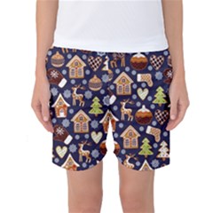 Winter-seamless-patterns-with-gingerbread-cookies-holiday-background Women s Basketball Shorts by Wegoenart