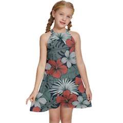 Seamless-floral-pattern-with-tropical-flowers Kids  Halter Collar Waist Tie Chiffon Dress by Wegoenart