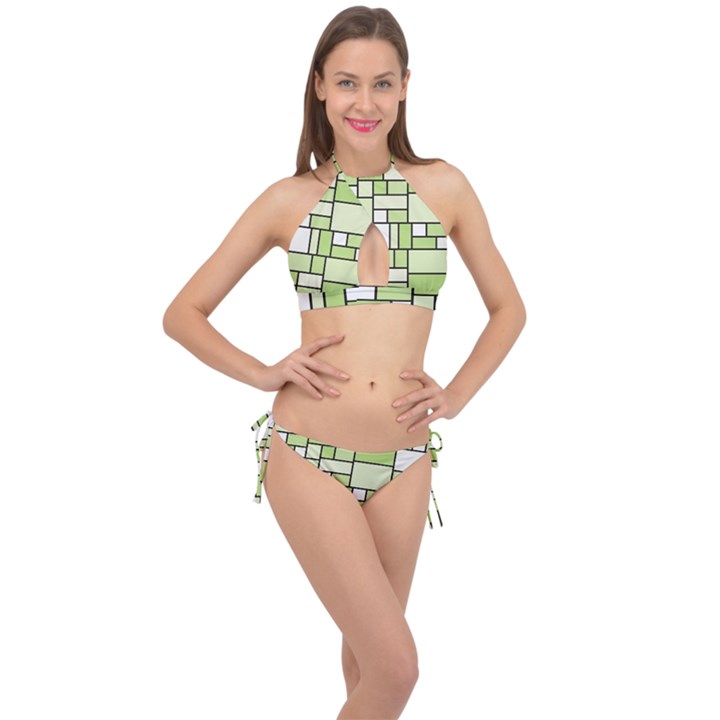 Green-geometric-digital-paper Cross Front Halter Bikini Set