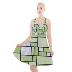 Green-geometric-digital-paper Halter Party Swing Dress  by Wegoenart