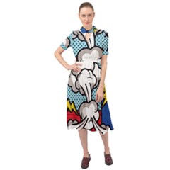 Rays Smoke Pop Art Style Vector Illustration Keyhole Neckline Chiffon Dress