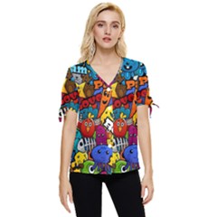 Graffiti Characters Seamless Pattern Bow Sleeve Button Up Top