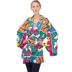 Comic Colorful Seamless Pattern Long Sleeve Velvet Kimono  by Wegoenart