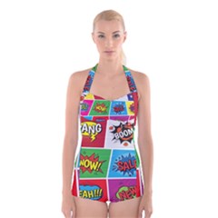 Pop Art Comic Vector Speech Cartoon Bubbles Popart Style With Humor Text Boom Bang Bubbling Expressi Boyleg Halter Swimsuit  by Wegoenart