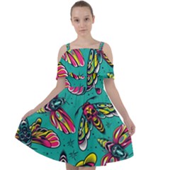 Vintage Colorful Insects Seamless Pattern Cut Out Shoulders Chiffon Dress